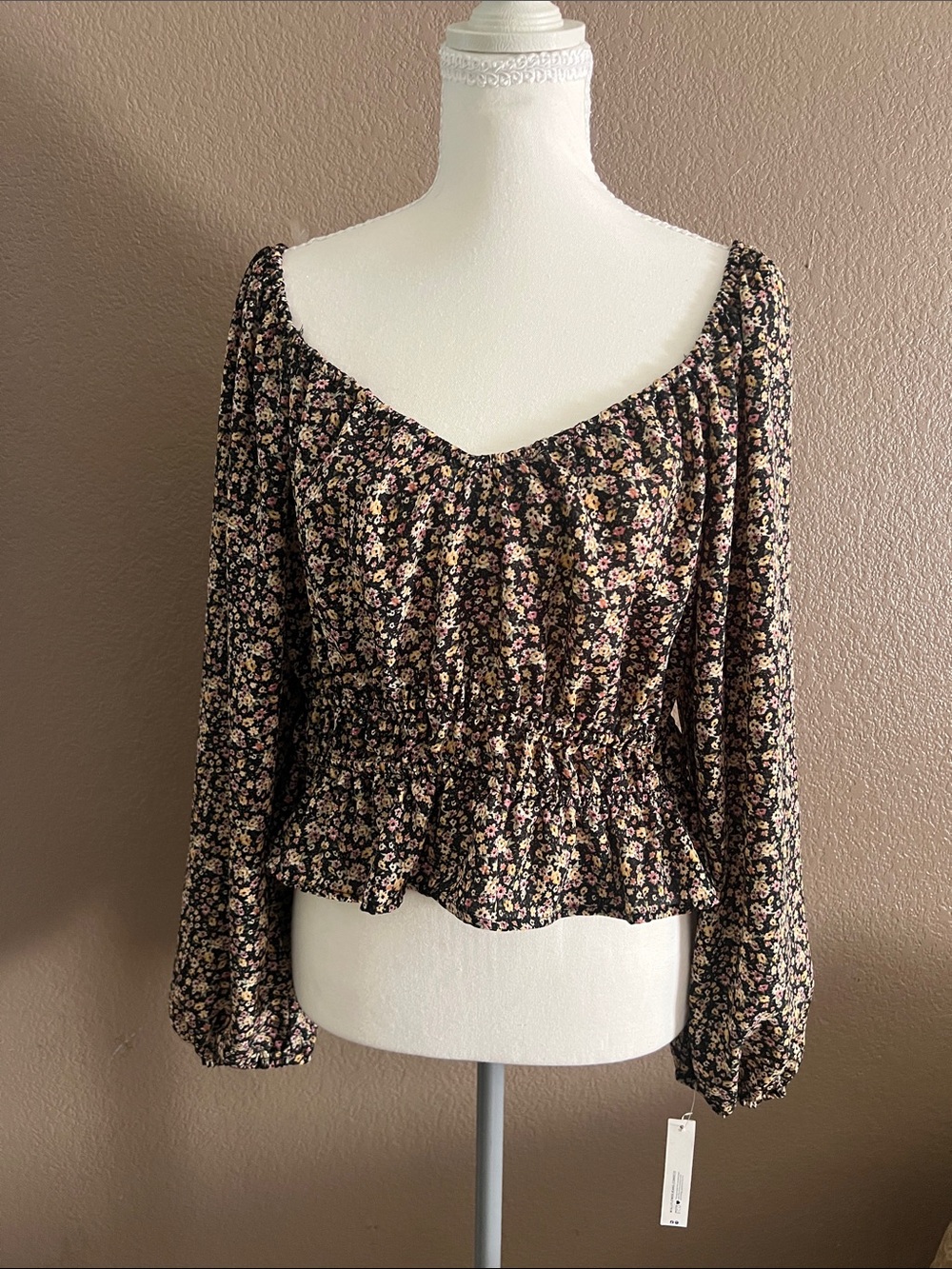 Wallflower Black Floral Smocked Peasant Blouse